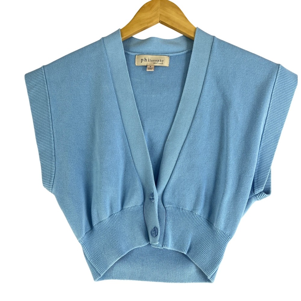 Minimalist Blue Ribbed Cropped Sweater Vest Coquette Girl Cardigan Philosophy S